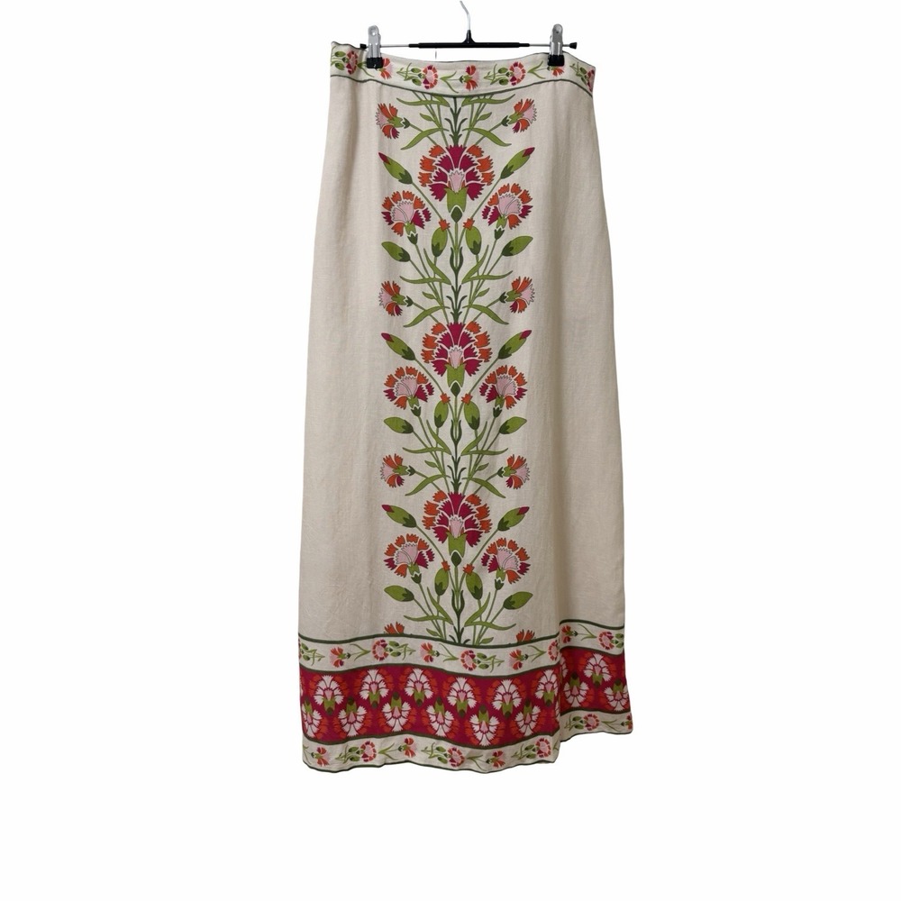 Elizabeth James The Label Phoebe Linen Blend Floral Midi Skirt Size L Cream Red